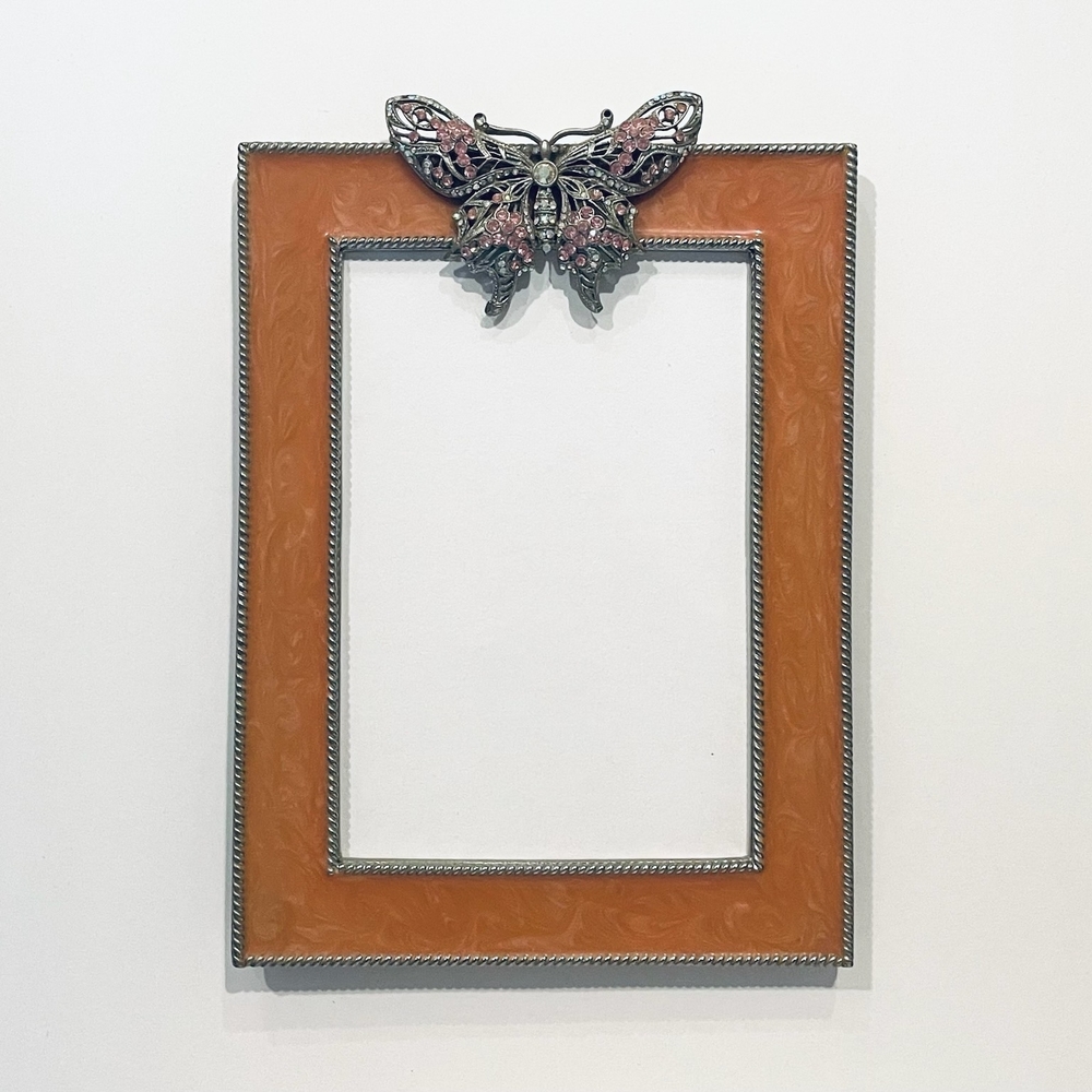 Orange Enamel and Silver Pink Pave Crystals Butterfly Decor Frame